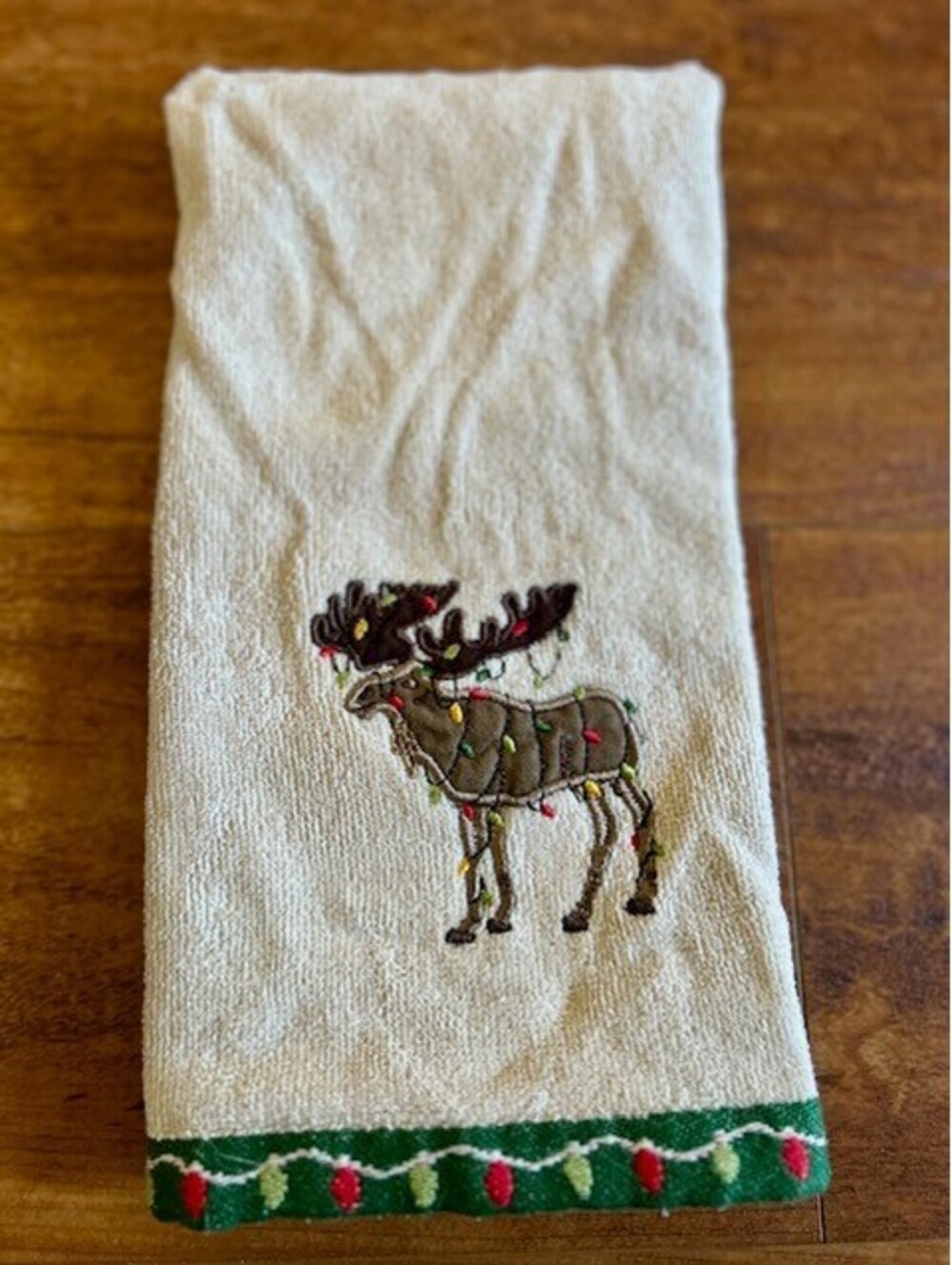 St. Nicholas Square Beige Christmas Reindeer Embroidered Hand Towel